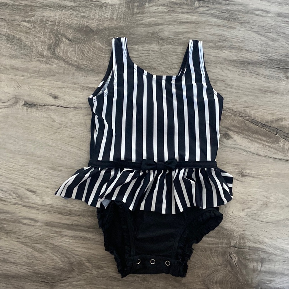 Ruffle Butts Baby Girls One Piece Swimsuit Black and White Striped Size 3T